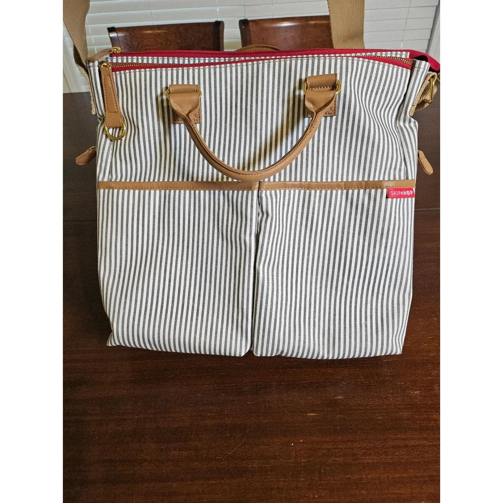Skip Hop Duo Signature Diaper Bag Grey White Stripe Canvas Tote